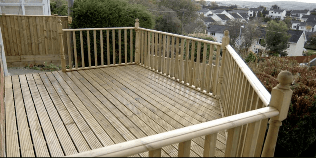 garden decking installers sheffield raised decked platform with view handrails and spindles