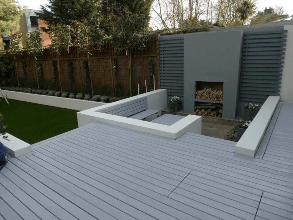 garden decking installers Sheffield composite decking in grey finish sunken seated area
